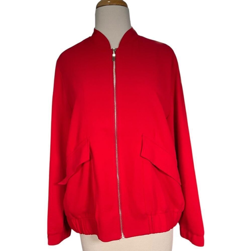 Chico's Clean Crepe Bomber Jacket Lightweight Red Polka Dot Lining Size 1 Zipper